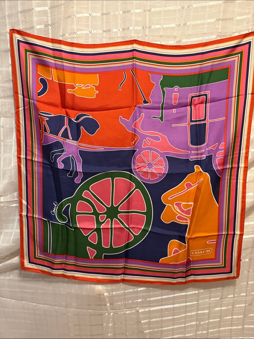 Coach Colorful Pop Art Equestrian Silk Scarf - Orange, Purple, Pink, Green, Navy